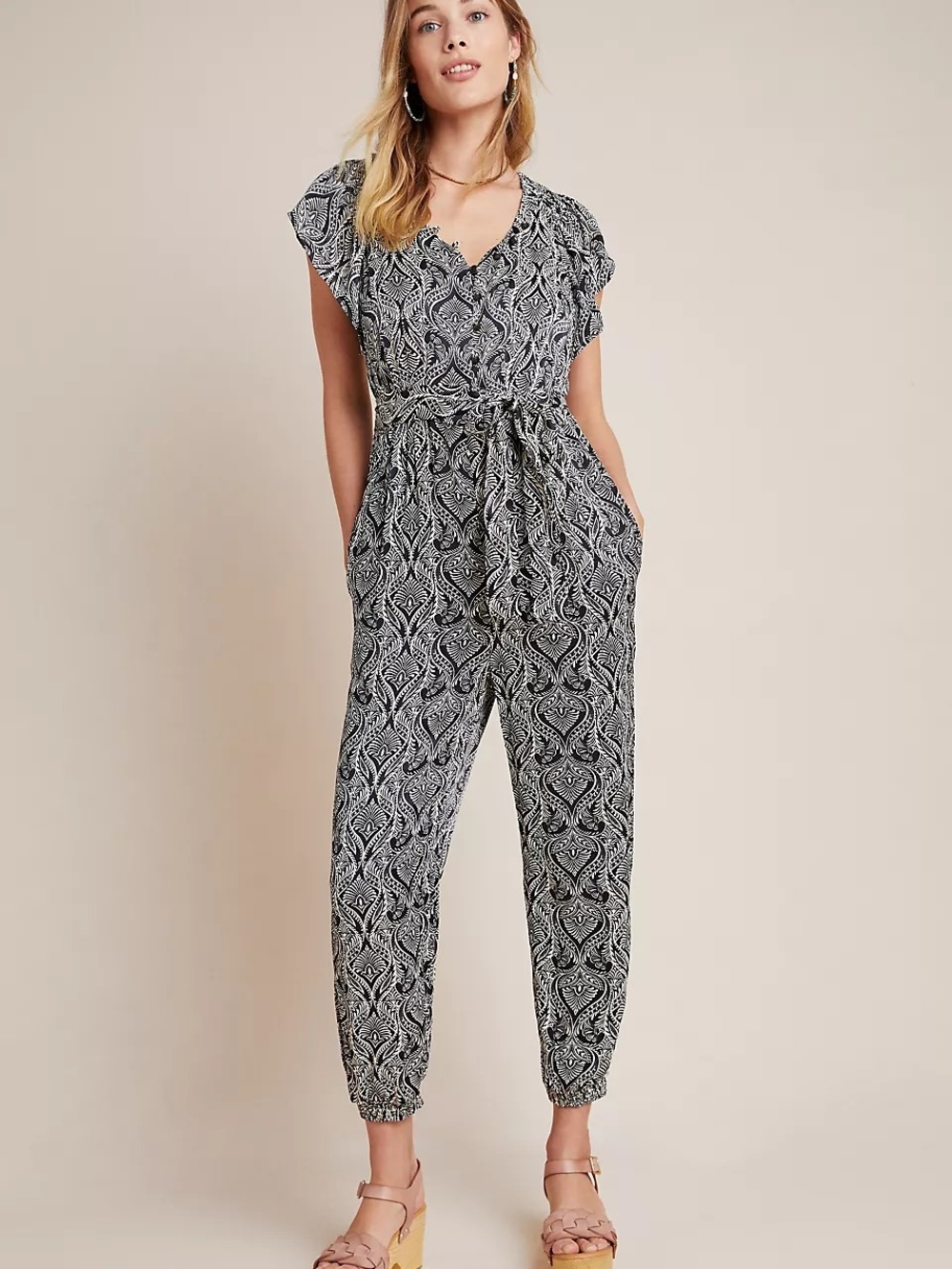 Anthropologie Black & White Printed Tie-Waist Zadie Satin Jumpsuit 8